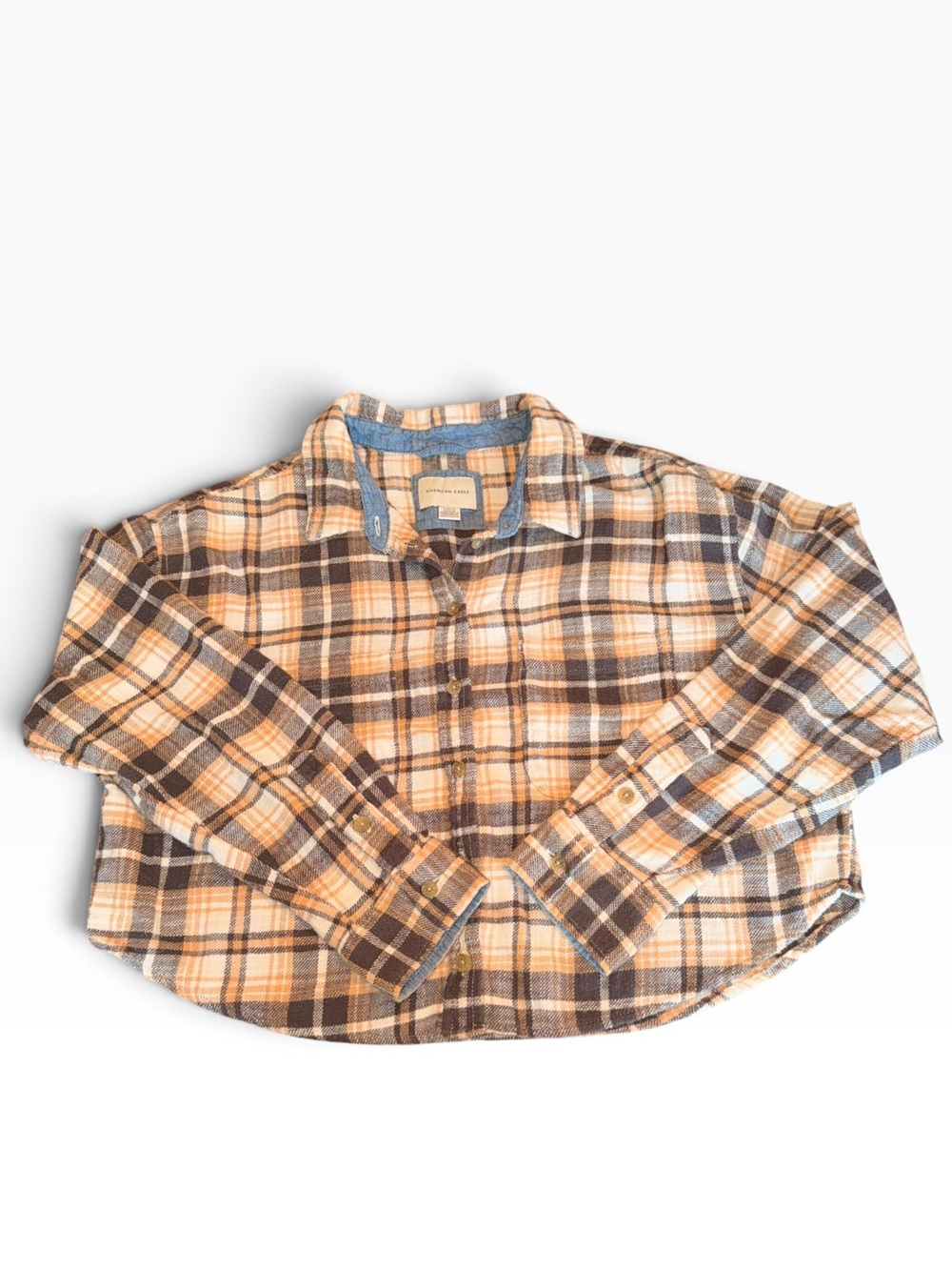 Women’s American Eagle Plaid Flannel Button-Down Shirt - Brown, White & Cream
